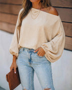 Off-Shoulder Blouse with Skew Neck and Lantern Sleeve - Apricot