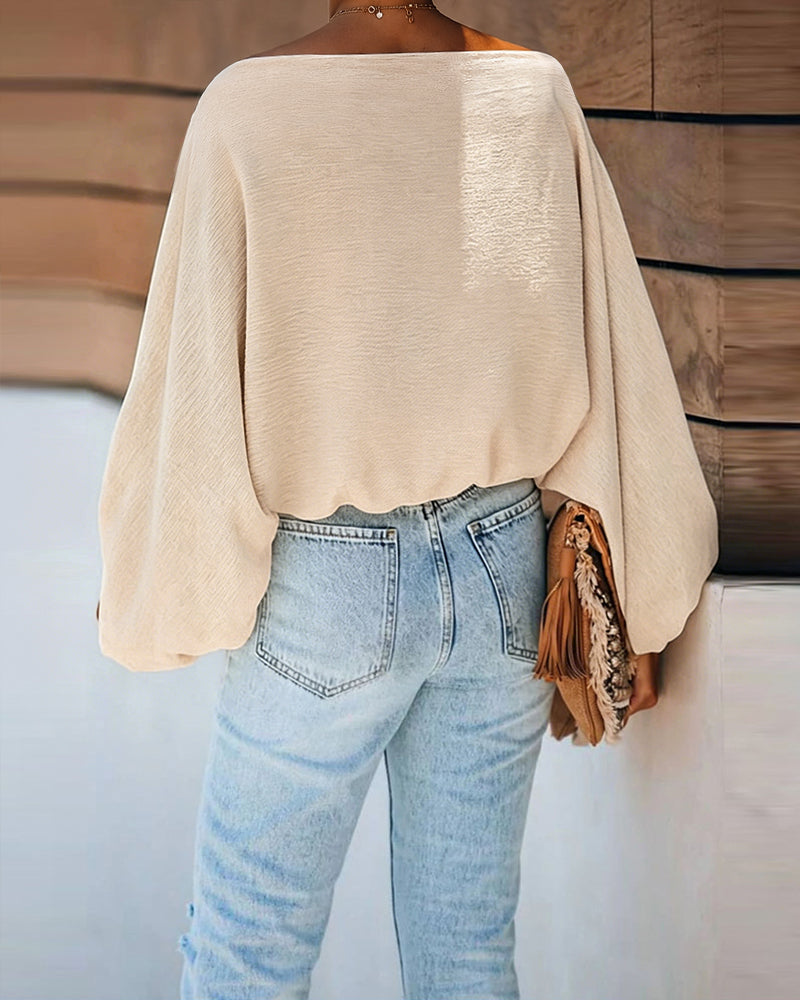 Off-Shoulder Blouse with Skew Neck and Lantern Sleeve