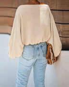 Off-Shoulder Blouse with Skew Neck and Lantern Sleeve