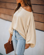 Off-Shoulder Blouse with Skew Neck and Lantern Sleeve