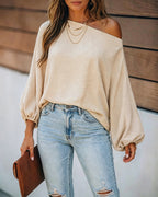 Off-Shoulder Blouse with Skew Neck and Lantern Sleeve