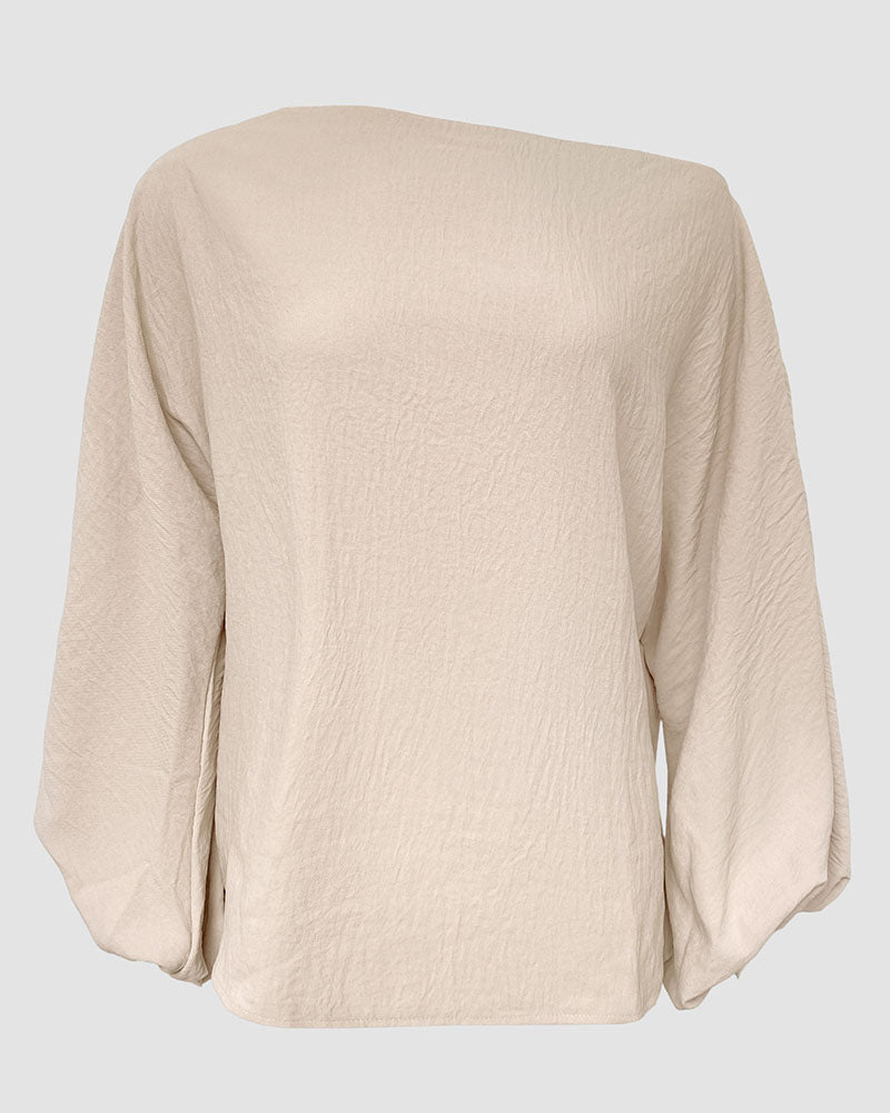 Off-Shoulder Blouse with Skew Neck and Lantern Sleeve