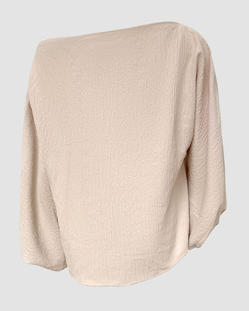 Off-Shoulder Blouse with Skew Neck and Lantern Sleeve