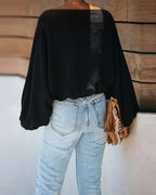 Off-Shoulder Blouse with Skew Neck and Lantern Sleeve