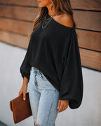 Off-Shoulder Blouse with Skew Neck and Lantern Sleeve