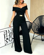 Off-Shoulder Jumpsuit with Foldover Neck and Wide Leg - Black