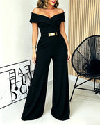 Off-Shoulder Jumpsuit with Foldover Neck and Wide Leg - Black