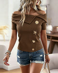 Off-Shoulder Rib-Knit Top with Gold Button Detail - Coffee