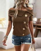 Off-Shoulder Rib-Knit Top with Gold Button Detail - Coffee