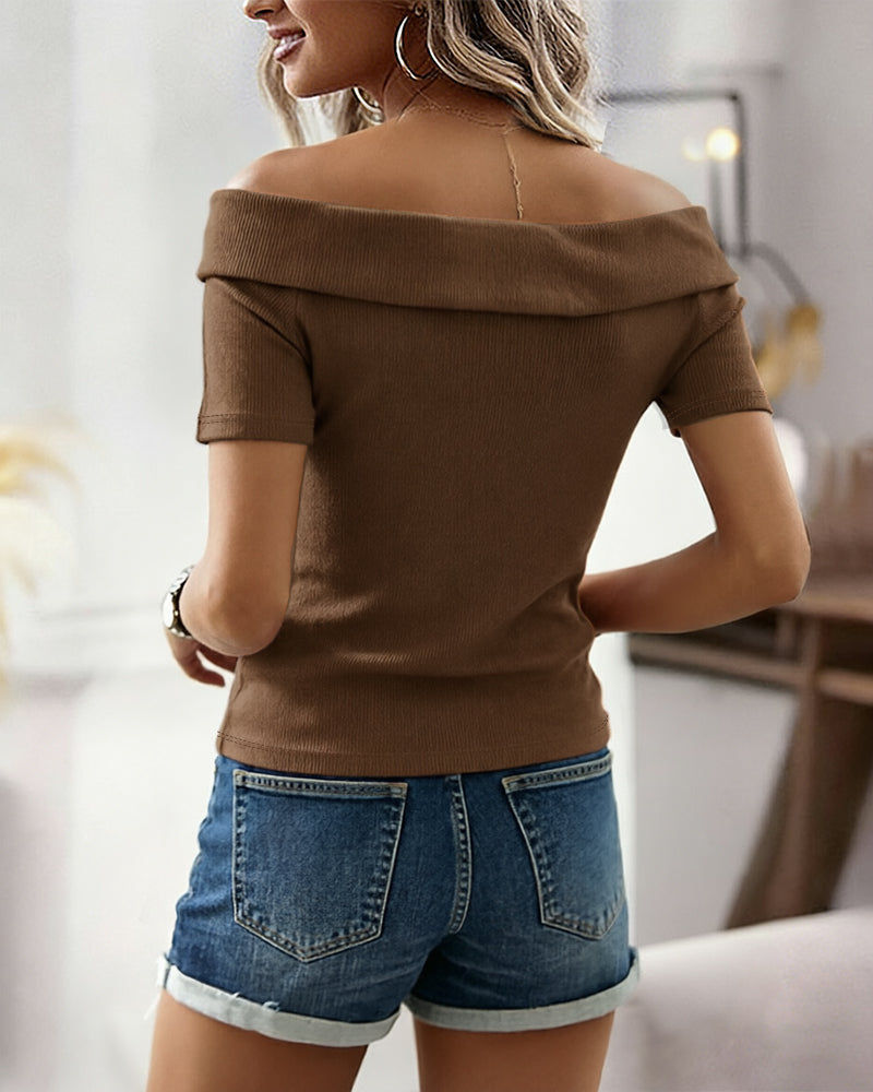 Off-Shoulder Rib-Knit Top with Gold Button Detail - Coffee