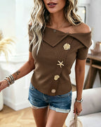 Off-Shoulder Rib-Knit Top with Gold Button Detail - Coffee