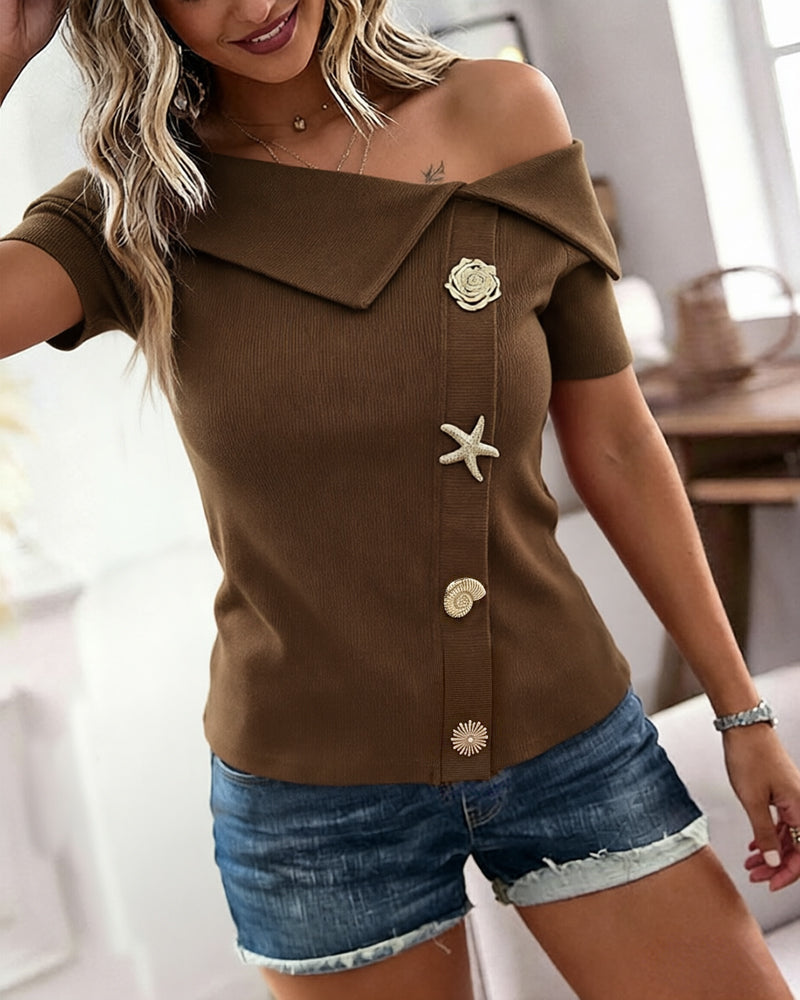 Off-Shoulder Rib-Knit Top with Gold Button Detail - Coffee