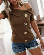 Off-Shoulder Rib-Knit Top with Gold Button Detail - Coffee