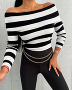 Off-Shoulder Striped Knit Top with Foldover Neck - Black