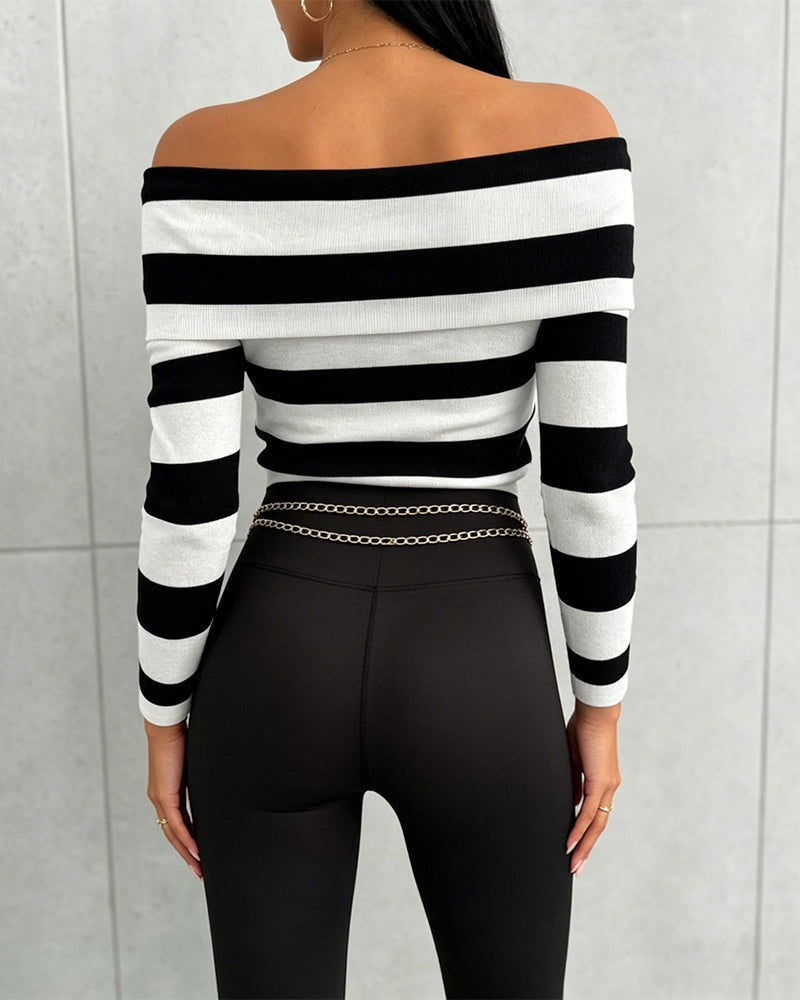 Off-Shoulder Striped Knit Top with Foldover Neck