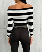 Off-Shoulder Striped Knit Top with Foldover Neck