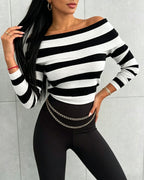 Off-Shoulder Striped Knit Top with Foldover Neck