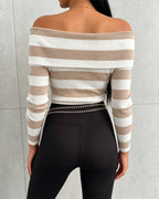 Off-Shoulder Striped Knit Top with Foldover Neck