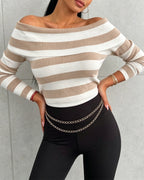 Off-Shoulder Striped Knit Top with Foldover Neck