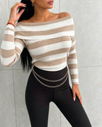 Off-Shoulder Striped Knit Top with Foldover Neck