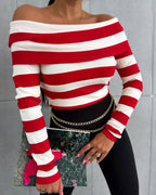 Off-Shoulder Striped Knit Top with Foldover Neck - Red