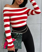 Off-Shoulder Striped Knit Top with Foldover Neck