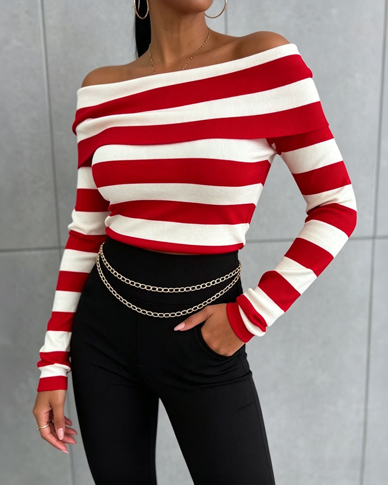 Off-Shoulder Striped Knit Top with Foldover Neck