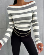 Off-Shoulder Striped Knit Top with Foldover Neck - Gray