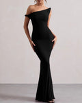 One-Shoulder Bodycon Maxi Dress with Asymmetric Neckline - Black