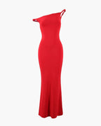 One-Shoulder Bodycon Maxi Dress with Asymmetric Neckline - Red