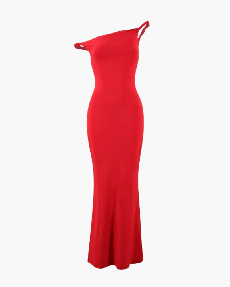 One-Shoulder Bodycon Maxi Dress with Asymmetric Neckline - Red