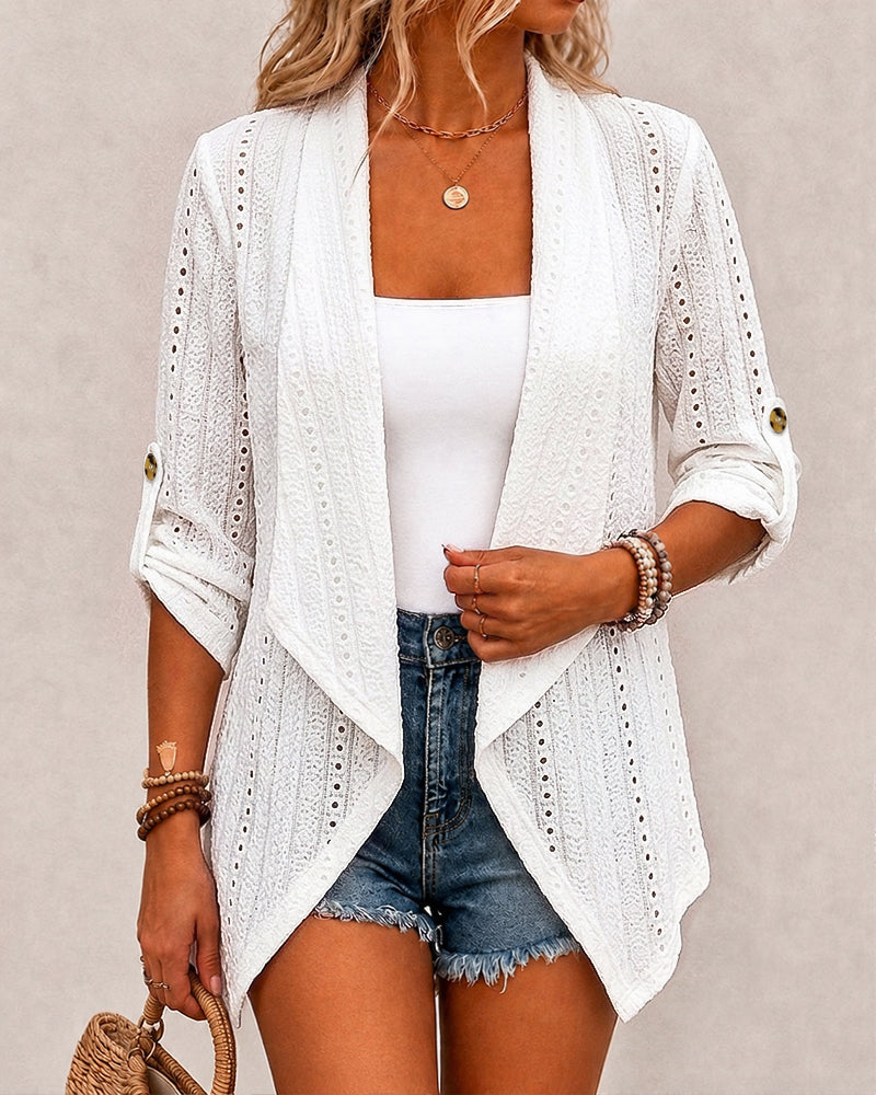 Open-Front Jacquard Coat with Lapel and Roll-Up Sleeve - White