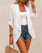Open-Front Jacquard Coat with Lapel and Roll-Up Sleeve - White