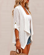 Open-Front Jacquard Coat with Lapel and Roll-Up Sleeve - White