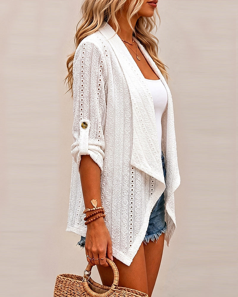 Open-Front Jacquard Coat with Lapel and Roll-Up Sleeve - White