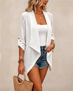 Open-Front Jacquard Coat with Lapel and Roll-Up Sleeve - White