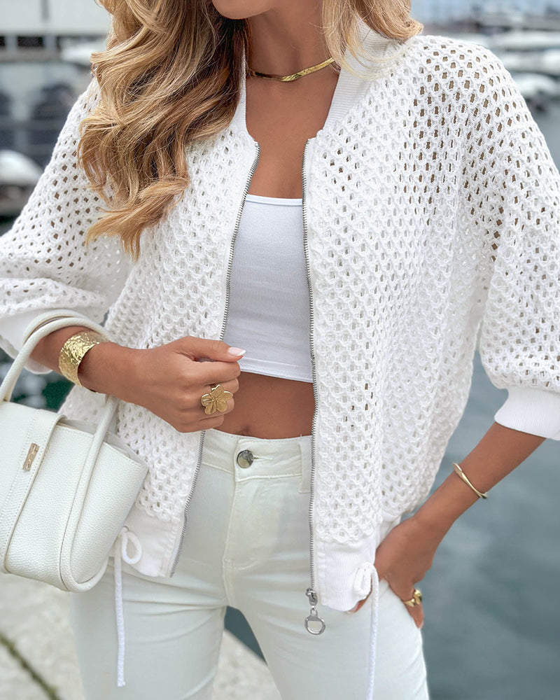 Open-Work Knit Crop Jacket with Zip and Drawstring Hem - White