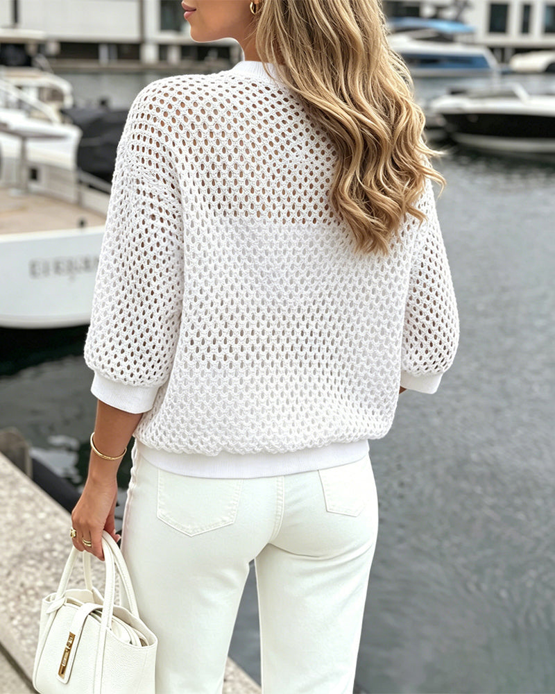 Open-Work Knit Crop Jacket with Zip and Drawstring Hem - White