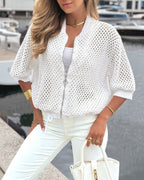 Open-Work Knit Crop Jacket with Zip and Drawstring Hem - White