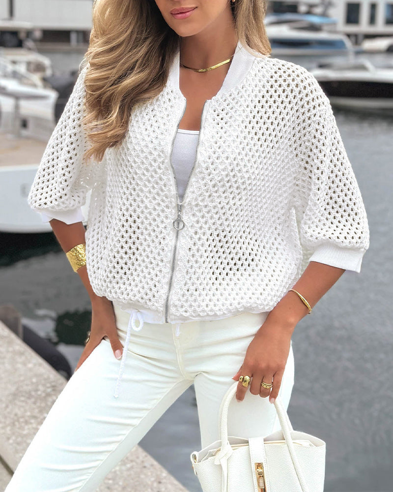 Open-Work Knit Crop Jacket with Zip and Drawstring Hem - White