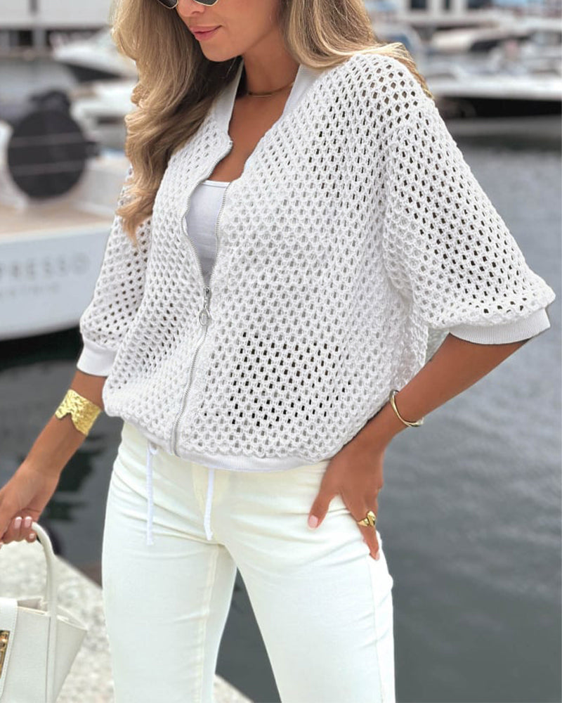 Open-Work Knit Crop Jacket with Zip and Drawstring Hem - White