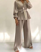 Overlap V-Neck Top and Elastic-Waist Trouser Set - Khaki