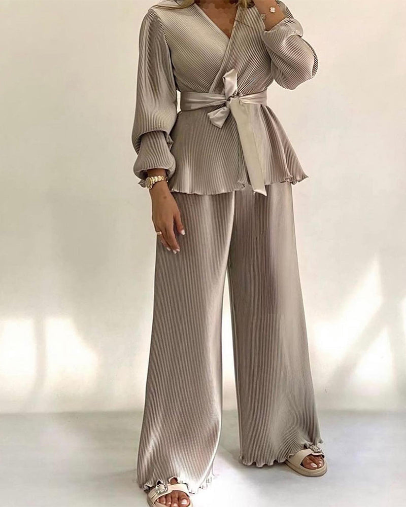 Overlap V-Neck Top and Elastic-Waist Trouser Set - Khaki