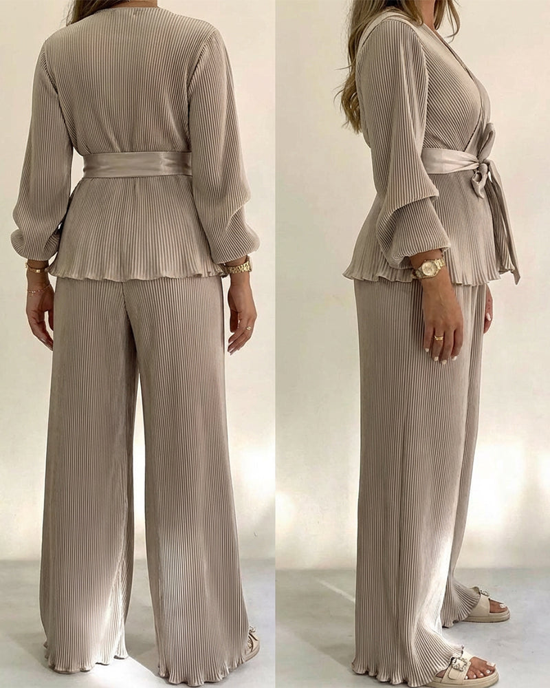Overlap V-Neck Top and Elastic-Waist Trouser Set - Khaki