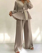 Overlap V-Neck Top and Elastic-Waist Trouser Set - Khaki