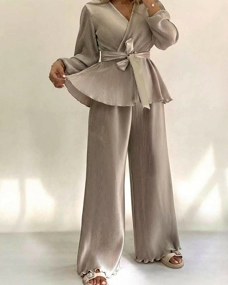 Overlap V-Neck Top and Elastic-Waist Trouser Set - Khaki
