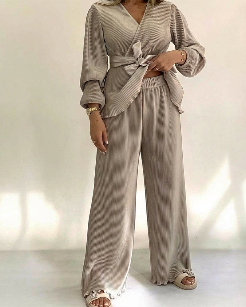 Overlap V-Neck Top and Elastic-Waist Trouser Set - Khaki