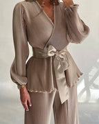 Overlap V-Neck Top and Elastic-Waist Trouser Set - Khaki