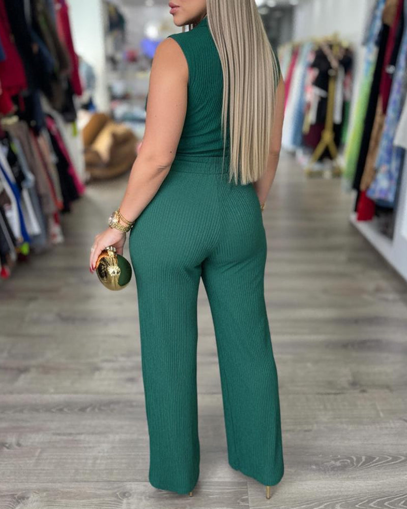 Overlap V-Neck Top and Wide-Leg Trouser Two-Piece - Apricot
