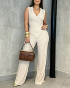 Overlap V-Neck Top and Wide-Leg Trouser Two-Piece - Apricot